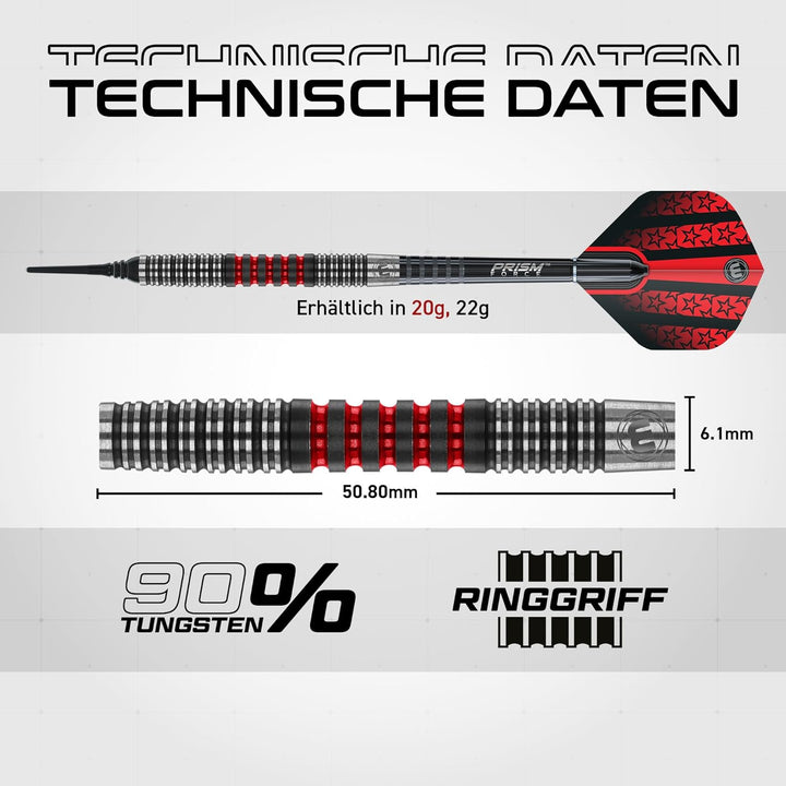 WINMAU Joe Cullen 18 Gram Tungsten Softip Darts Set with Prism Flights and Shafts (Stems)