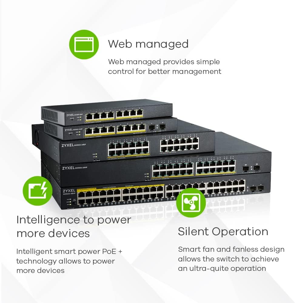 ZyXEL 8-Port Gigabit Ethernet Smart Managed PoE Switch mit 77 Watt Budget - lüfterloses Design und 2