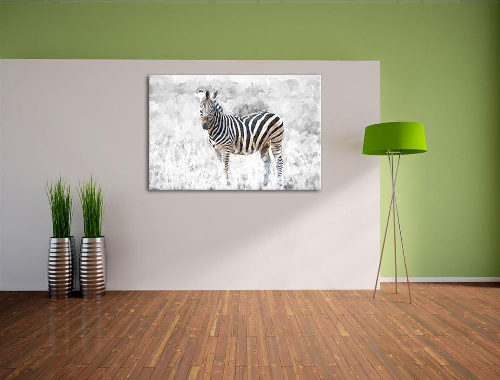 einzelnes Zebra im Wildgras schwarz/weiss Deluxe Format: 100x70 cm auf Leinwand, XXL riesige Bilder