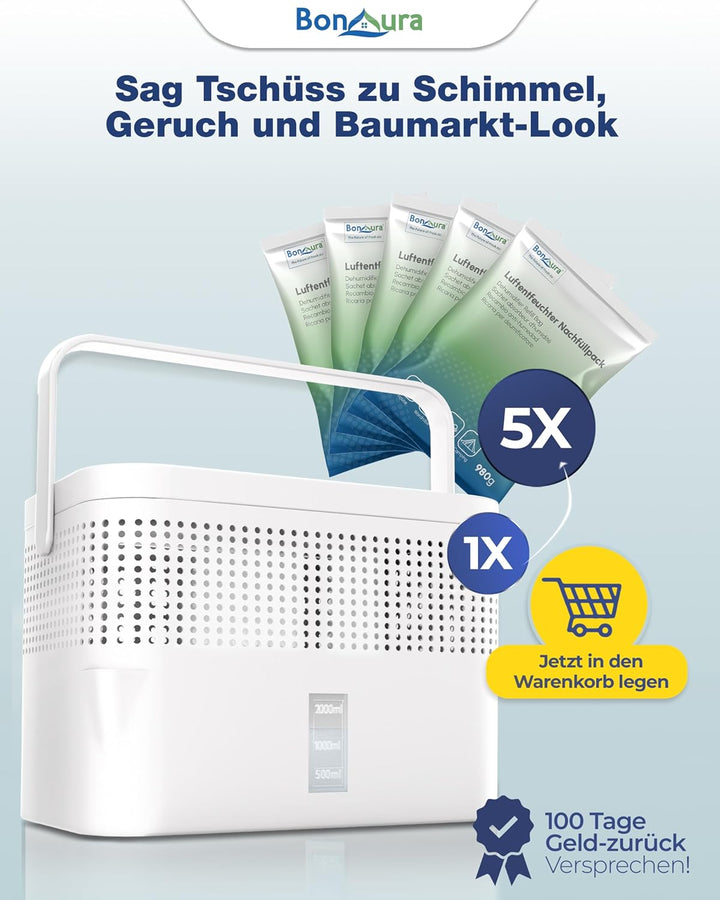 BonAura® AirOne Max Luftentfeuchter ohne Strom bis 33m² I 360° Belüftung I Raumentfeuchter mit Ausgi