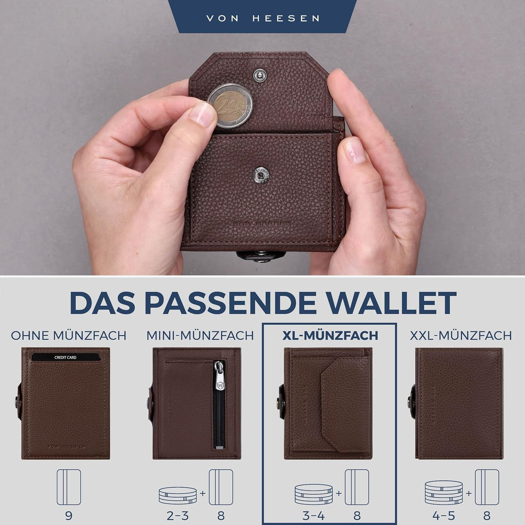 VON HEESEN Slim Wallet mit XL Münzfach Braun Dunkelbraun XL MÜNZFACH (Kartenslot), Dunkelbraun XL MÜ