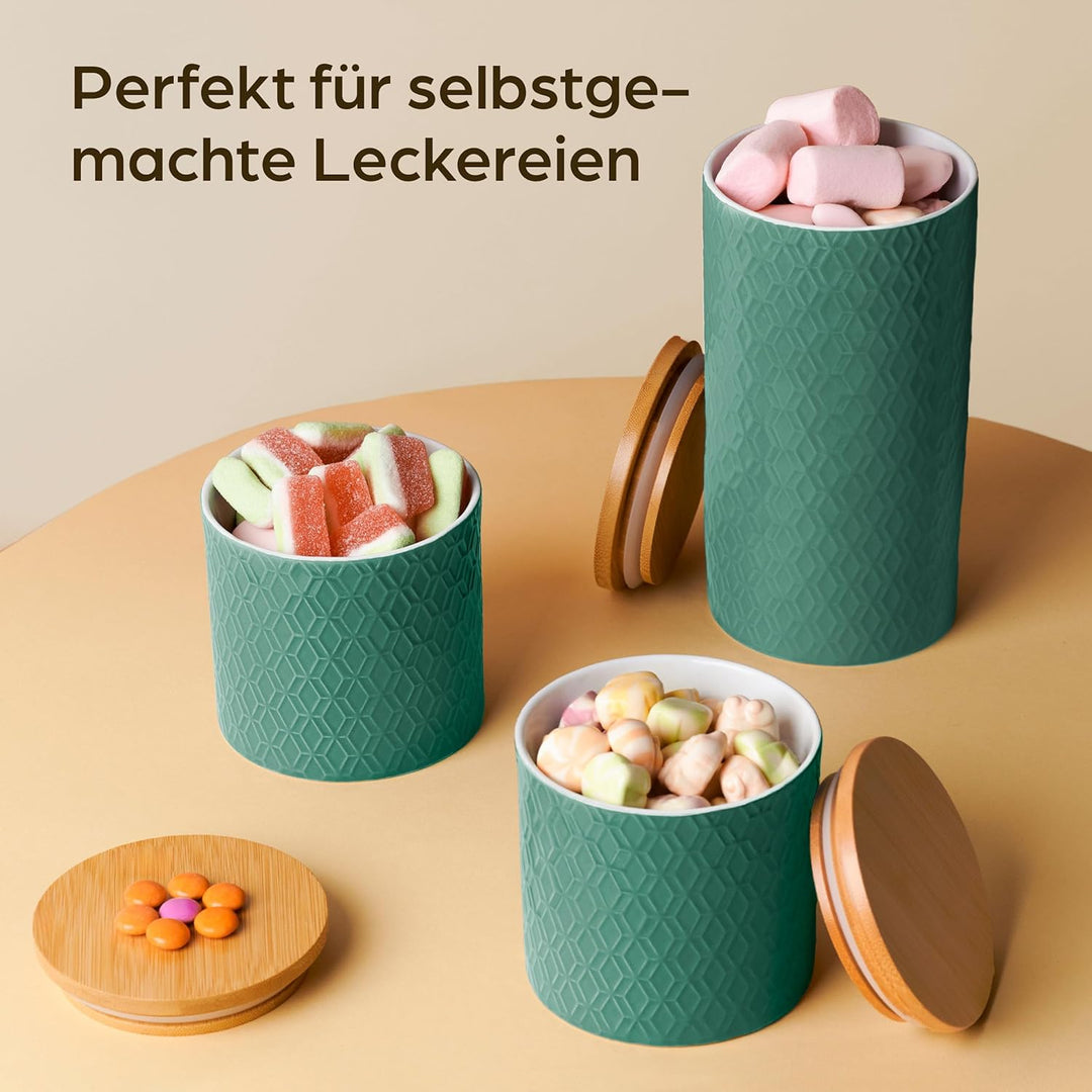 Vorratsdosen Keramik mit Deckel Luftdicht - 3er Vorratsbehälter Set aus Keramik mit Bambusdeckel Zur