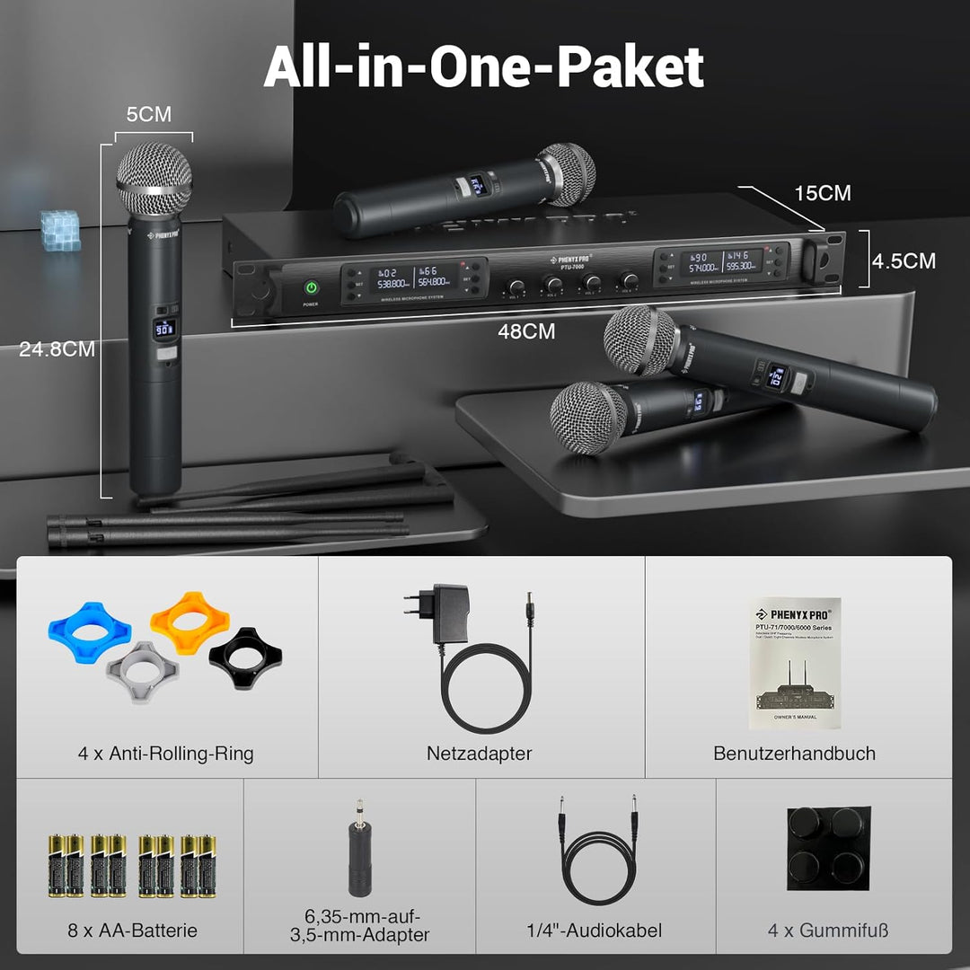Phenyx Pro Quad Channel Wireless Mikrofon System, 4 Handheld Funkmikrofone, 4x40 Kanäle, Auto Scan,