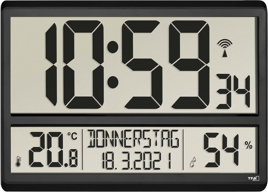 TFA Dostmann XL Wanduhr digital, 60.4520.01, mit Temperatur und Luftfeuchtigkeit, Wochentag (8 Sprac