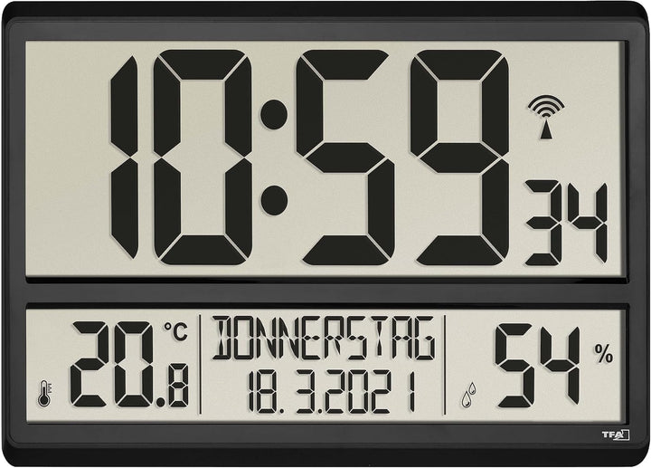 TFA Dostmann XL Wanduhr digital, 60.4520.01, mit Temperatur und Luftfeuchtigkeit, Wochentag (8 Sprac