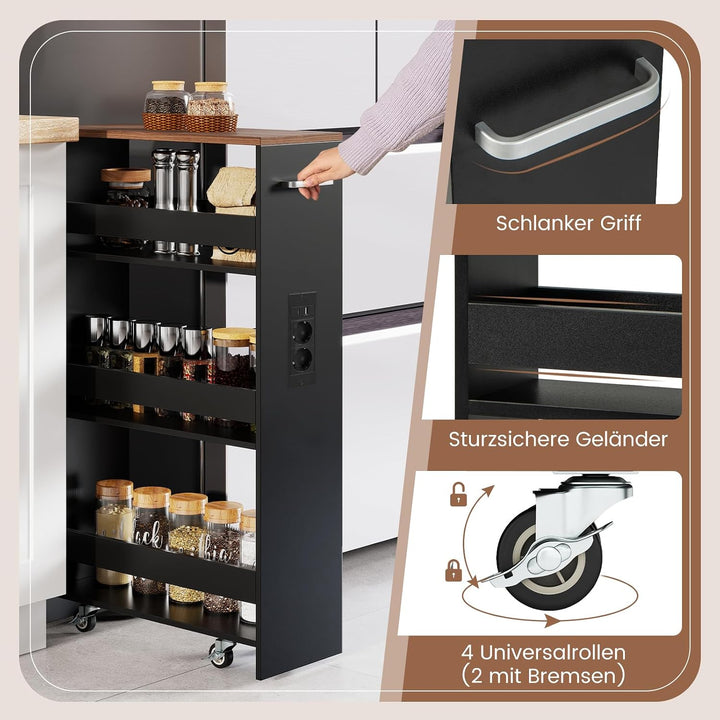 COSTWAY Nischenwagen 20cm breit, 4 Etagen Küchenwagen schmal mit Ladestation, Nischenregal auf Rolle