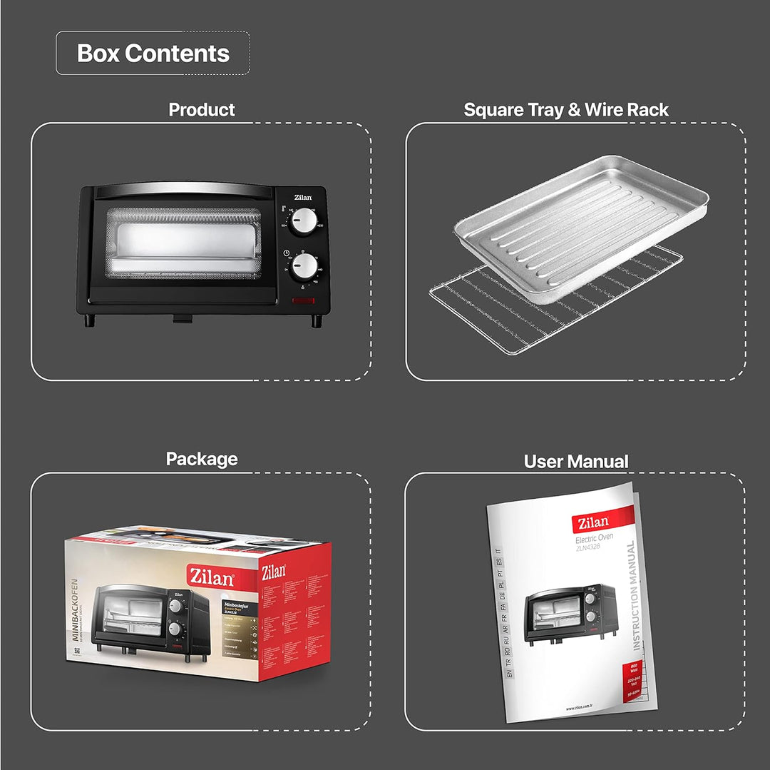 Zilan Elektro-Backofen, 9 l, Doppel-Sicherheitsglas, Timer, 2-teilig, Quarzwiderstand, Krümelplatte,