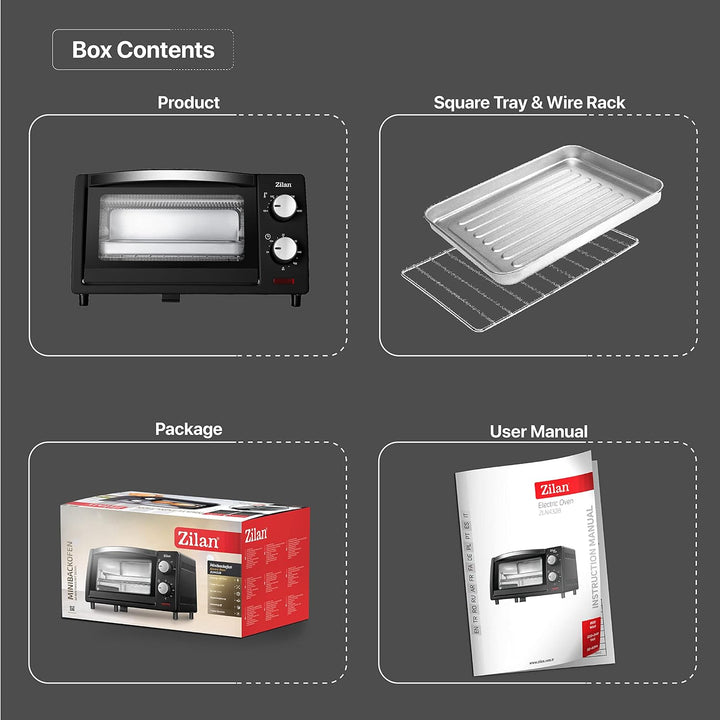 Zilan Elektro-Backofen, 9 l, Doppel-Sicherheitsglas, Timer, 2-teilig, Quarzwiderstand, Krümelplatte,