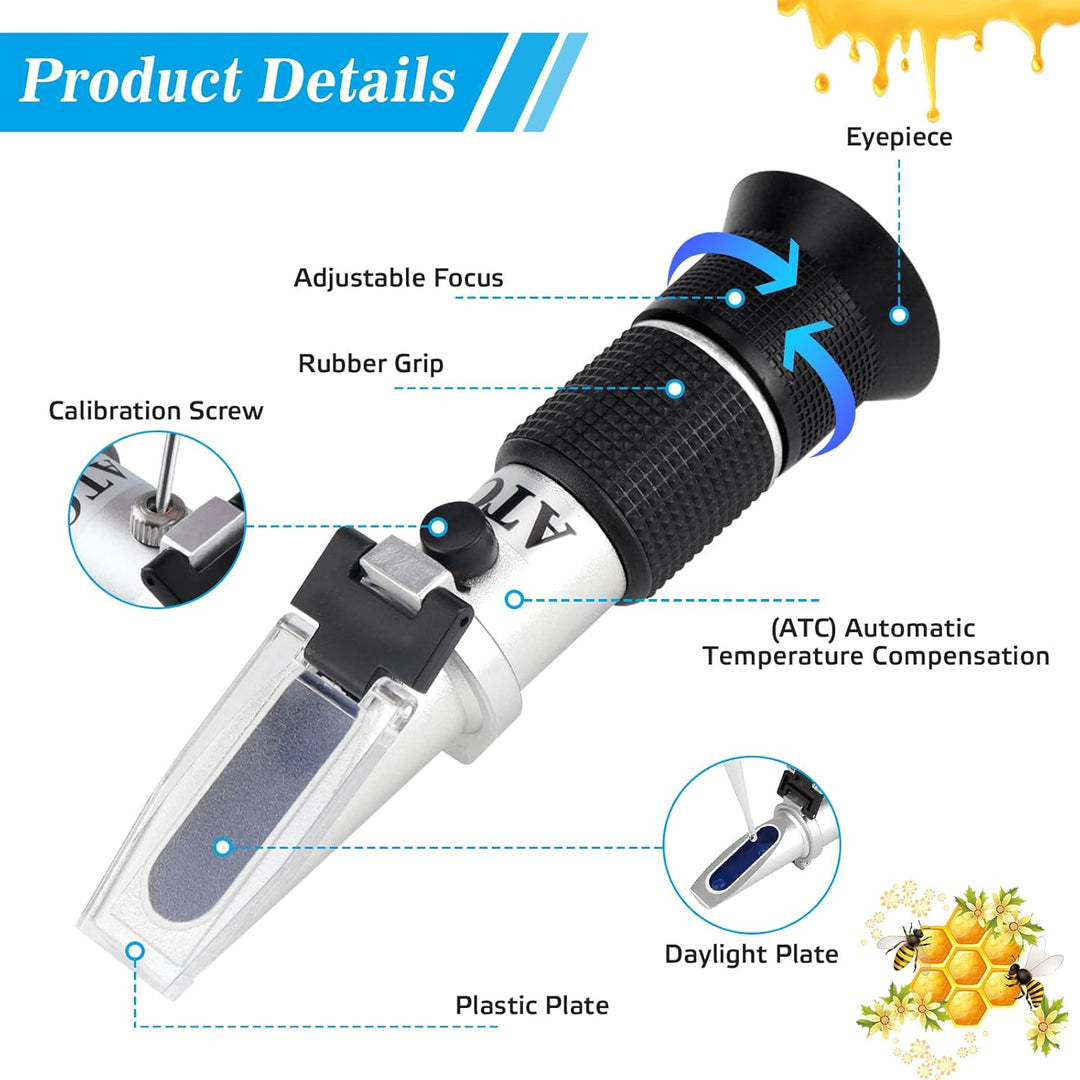 Rierousy 3-In-1 Refraktometer Honig mit Dreifach-Skala(Wasser: 12-27%, Brix: 58-90%, Be': 38-43°), R