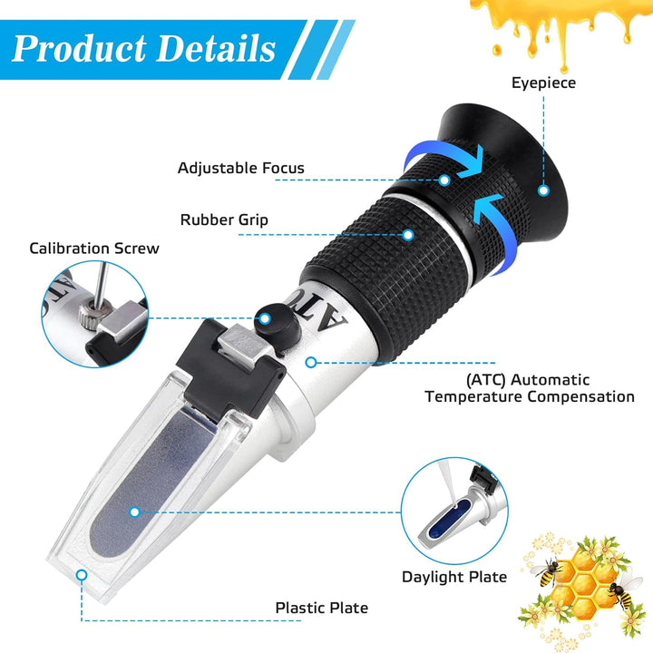 Rierousy 3-In-1 Refraktometer Honig mit Dreifach-Skala(Wasser: 12-27%, Brix: 58-90%, Be': 38-43°), R