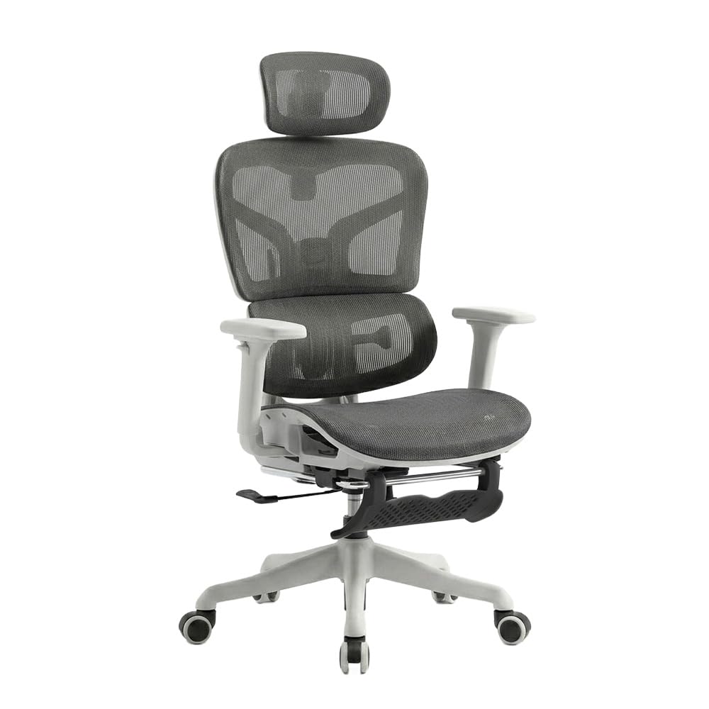 Ergonomischer Bürostuhl mit Lendenwirbelstütze, Kopfstütze & Fussstütze, Höhenverstellbarer Drehstuh