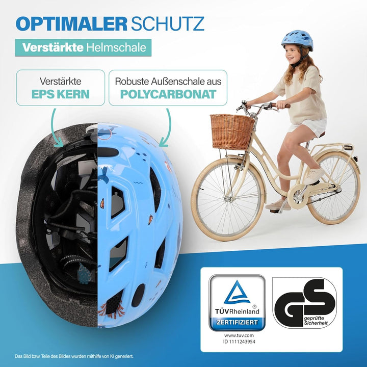 FISCHER Kinder-Helm, Fahrradhelm, Jugendhelm mit integriertem LED-Rücklicht, XS/S, 48-54cm Delfin, D