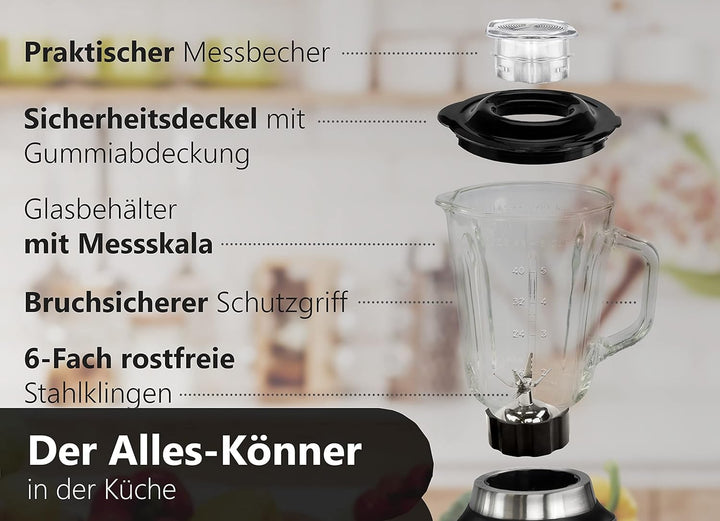 Standmixer | 800 Watt | 6-Fach Metallmesser | 1,5 Liter | 5 Stufen | Glas Edelstahl | Pulsfunktion |