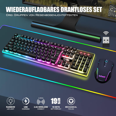 RedThunder K10 Kabelloses Gaming Tastatur und Maus Set, QWERTZ DE Layout, 3000mA Batteriekapazität u