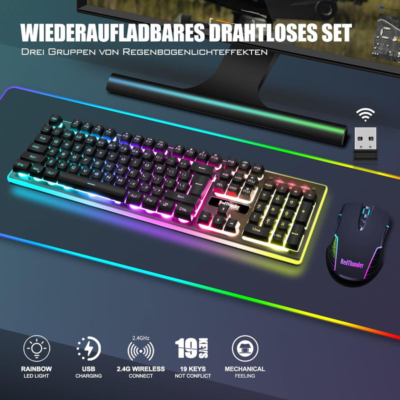 RedThunder K10 Kabelloses Gaming Tastatur und Maus Set, QWERTZ DE Layout, 3000mA Batteriekapazität u