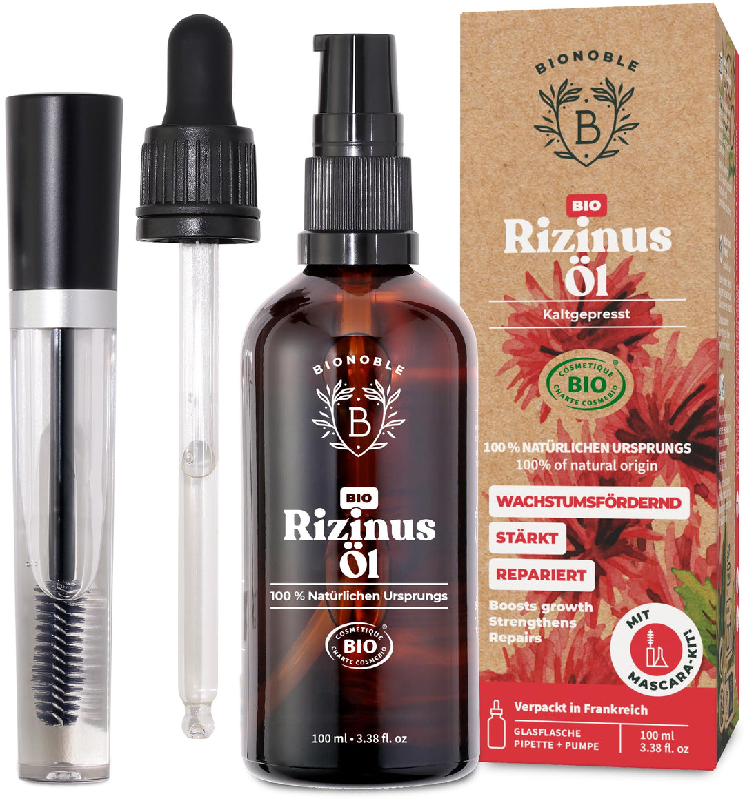 BIONOBLE Rizinusöl Kaltgepresst Bio + Mascara-Kit, 100% Natürlich - Wachstumsfördernd, Repariert - R