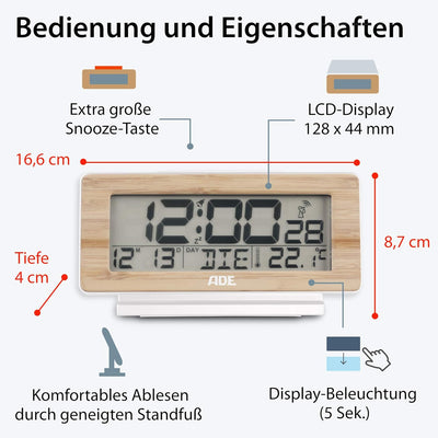 ADE Funkwecker digital mit Batterie | Tischuhr mit Temperaturanzeige und Kalender | Gehäusefront aus