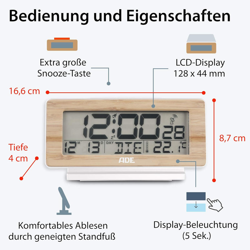 ADE Funkwecker digital mit Batterie | Tischuhr mit Temperaturanzeige und Kalender | Gehäusefront aus