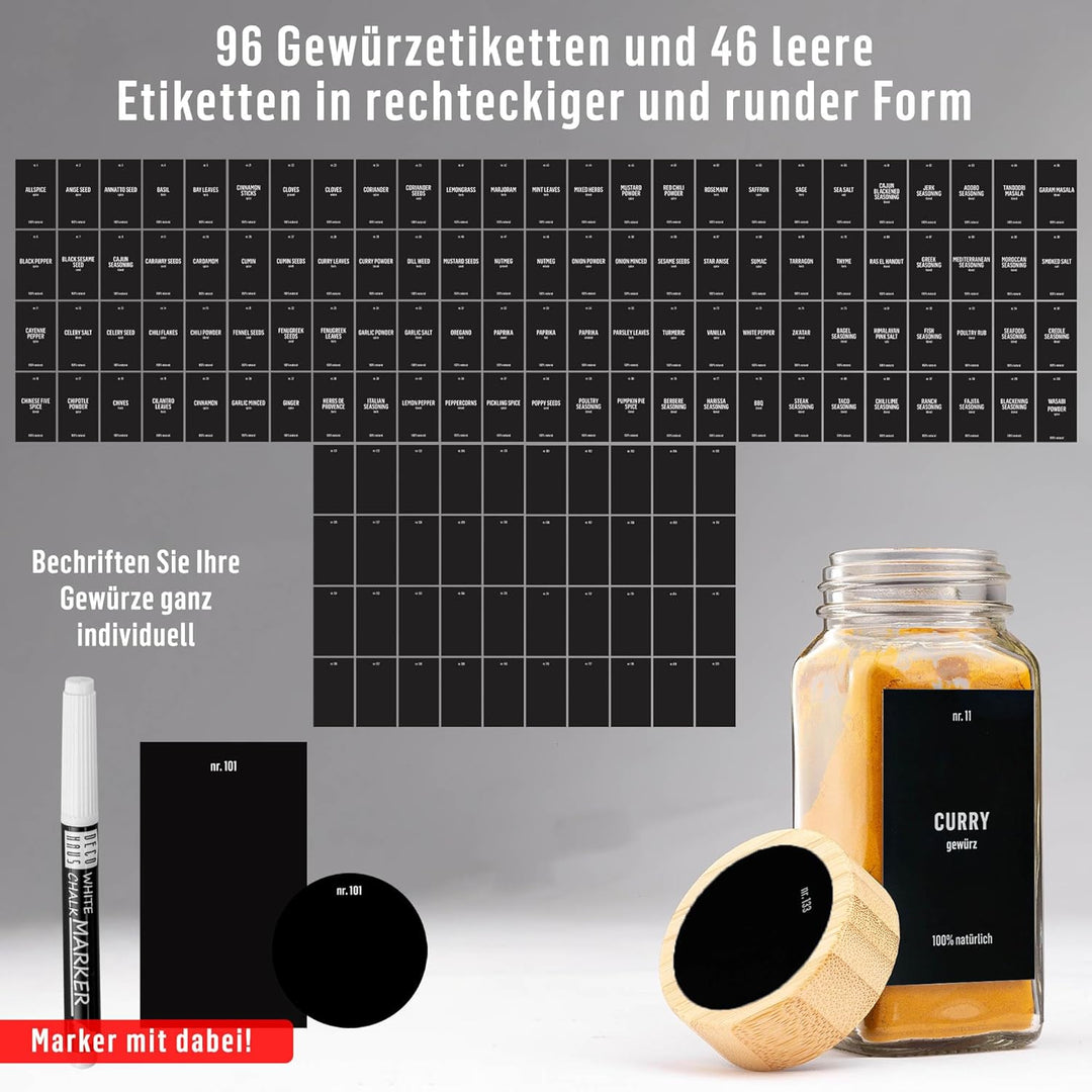 Deco haus® Gewürzgläser Eckig Set mit Gewürzetiketten - Gewürzgläser mit Streueinsatz 12er Set Gewür