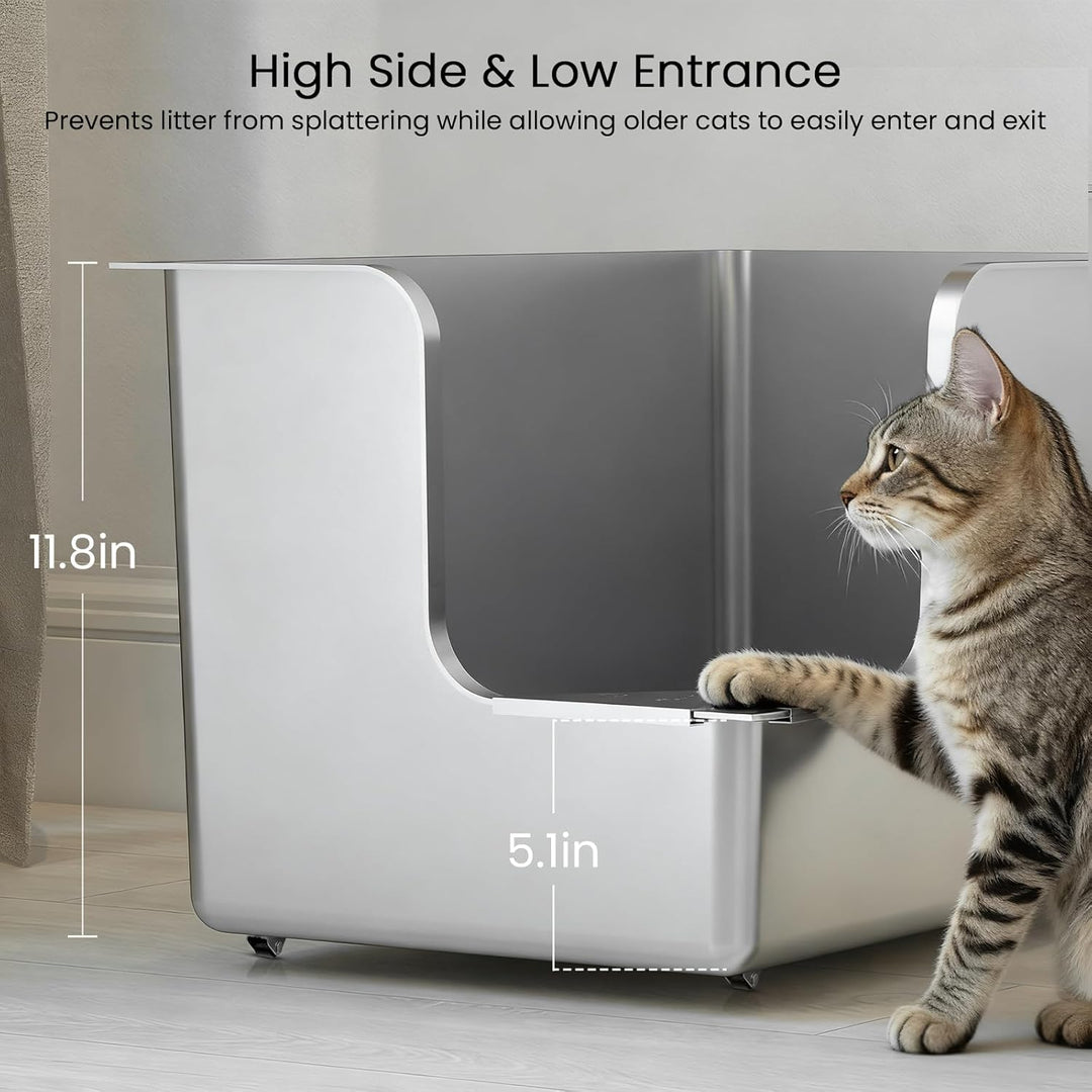 PTLOM Lebensmittelechtes Katzenklo Edelstahl XXL Katzentoilette 30CM hohe Seiten,Ecköffnung, mit Räd