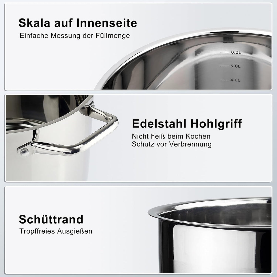 Linnuo Topf 6,8l mit Glasdeckel, Edelstahltopf, Griff Nicht heiss | Topf Induktion geeignet, Stabile