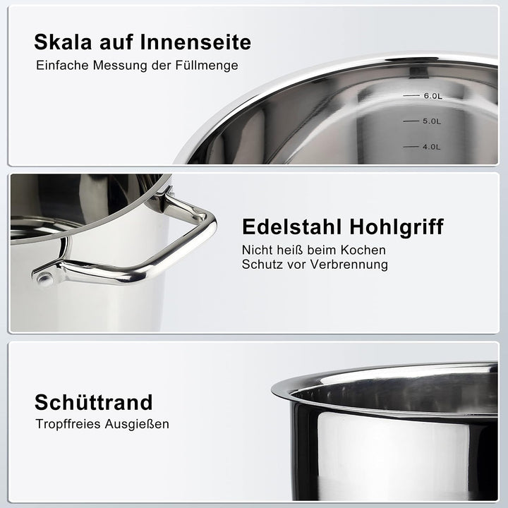Linnuo Topf 6,8l mit Glasdeckel, Edelstahltopf, Griff Nicht heiss | Topf Induktion geeignet, Stabile