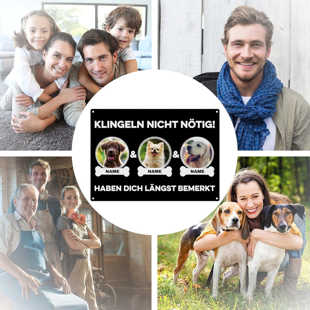 Hunde Schild personalisiert - Klingeln nicht nötig - Metallschild mit Foto und Name für aussen, wett