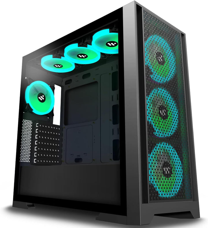 KEDIERS PC Gehäuse - Vorinstallierte 7 PWM ARGB lüfter, E-ATX Tower Gehäuse aus gehärtetem Glas, Sch
