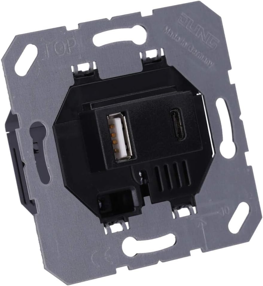 Jung USB-Ladegerät 15CASW mit 2 USB-Buchsen Ports: 1× USB Typ A, 1 ×Typ C (max. 3A) Schwarz, Schwarz
