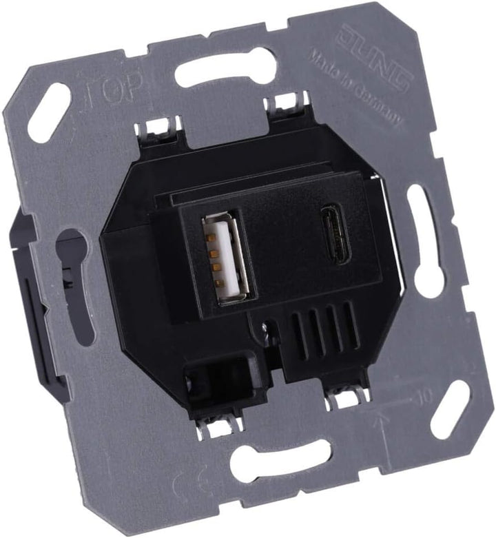 Jung USB-Ladegerät 15CASW mit 2 USB-Buchsen Ports: 1× USB Typ A, 1 ×Typ C (max. 3A) Schwarz, Schwarz