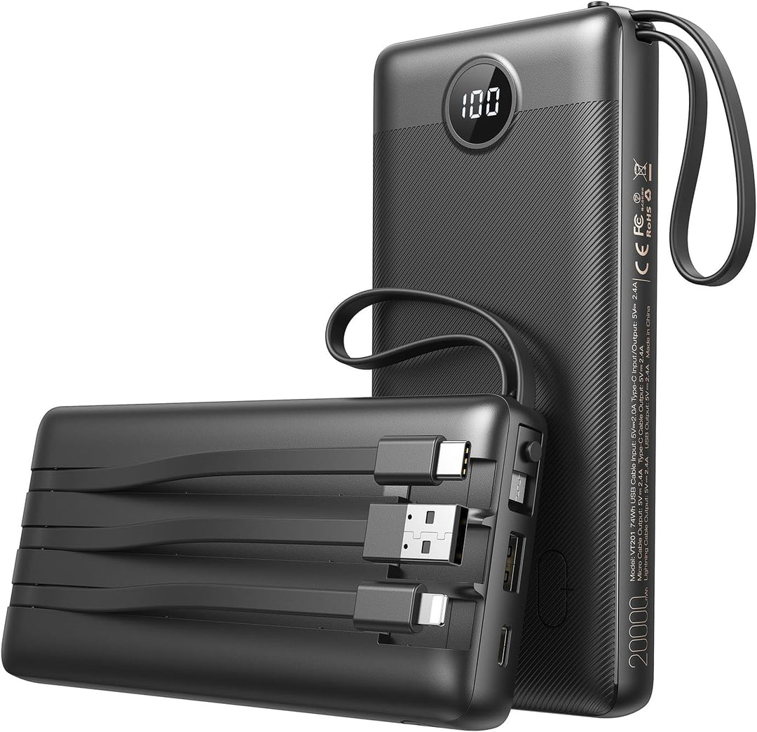 Powerbank 20000mAh Power Bank mit Kabel VEEKTOMX Powerbank USB C Tragbares Ladegerät 5 Ausgängen LED