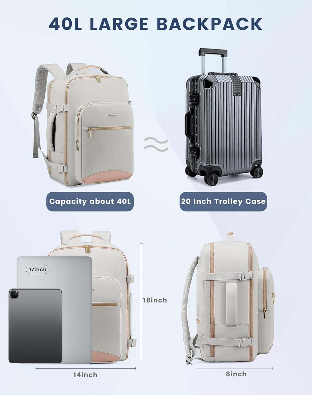 LOVEVOOK Handgepäck Rucksack Flugzeug, 40L Gross Reiserucksack Damen, Kulturtasche Damen wasserdicht