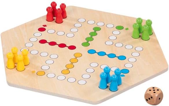 goki 56298 – Ludo für bis zu 6 Spieler aus Holz – Gesellschaftsspiel im XL-Format, Durchmesser ca. 3