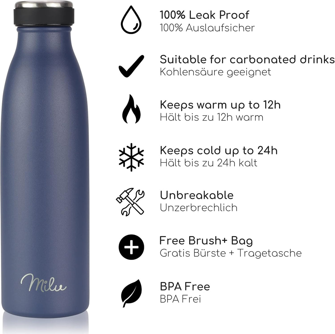 Milu Edelstahl Trinkflasche 350ml 500ml 750ml 1L 1,5L Thermosflasche Isolierte Wasserflasche, Auslau