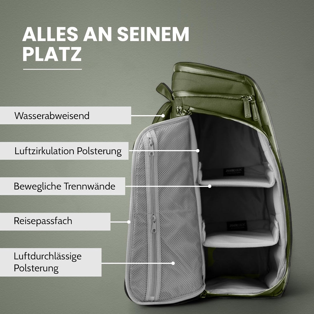 Zeeksack Rucksack Grün 30L - The Organizer Backpack & Reiserucksack mit Laptopfach, herausnehmbaren