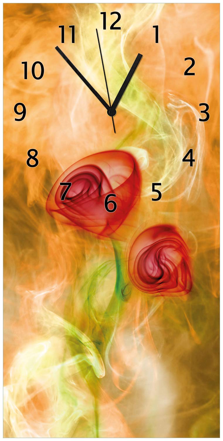 Wallario Design-Wanduhr, Acrylglasuhr Grösse 30 x 60 cm, Schwarze Zeiger, Motiv Abstrakte Rosen 30 x