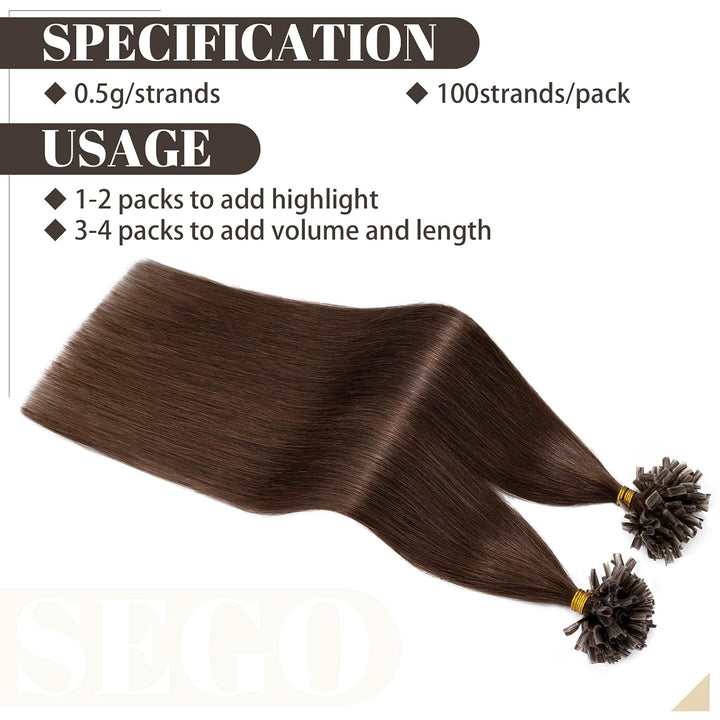 SEGO Bondings Extensions Echthaar 0.5g/Strähnen Haarverlängerung Keratin U-Tip 7A 100% Human Hair 10