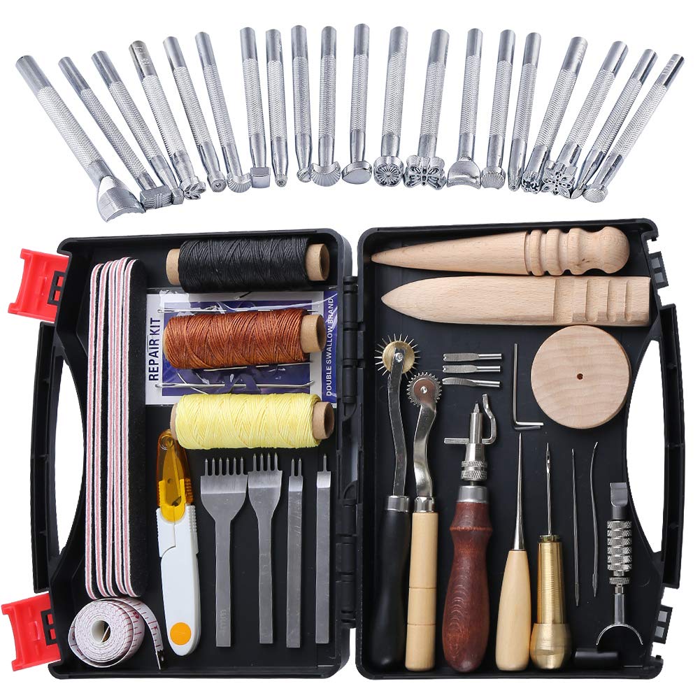 Ekalee 50 Stücke Leder Werkzeuge und Zubehör Set, Leder DIY Set, Leder Werkzeug Set mit Aufbewahrung