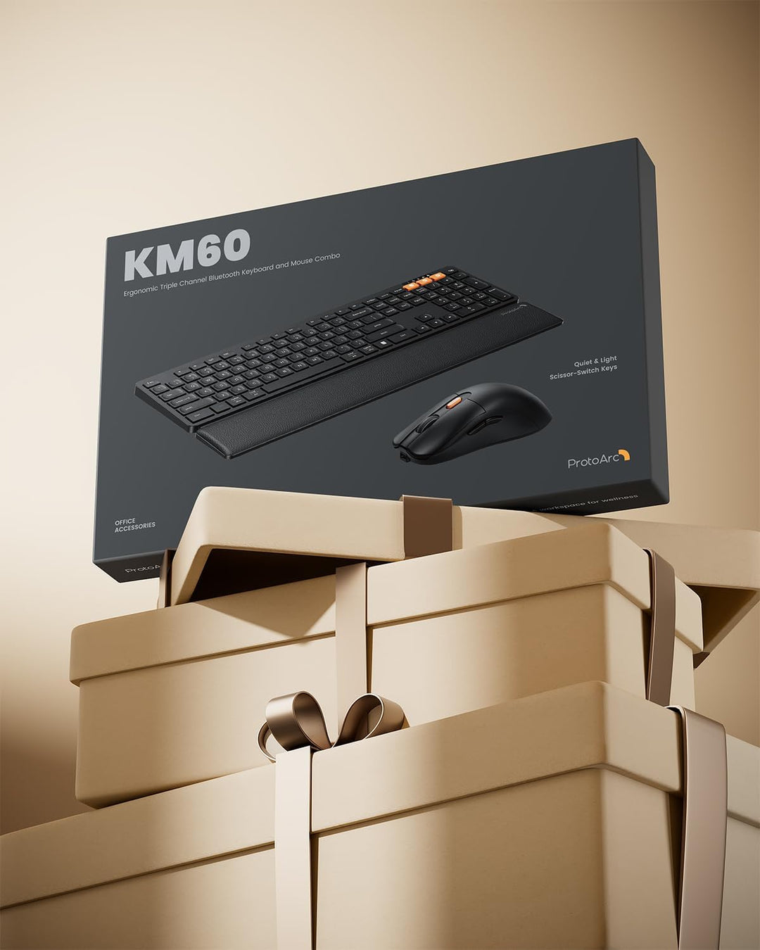 ProtoArc Kabellos Tastatur Maus Set, KM60 Full-Size Bluetooth Tastatur und Maus mit Handballenauflag