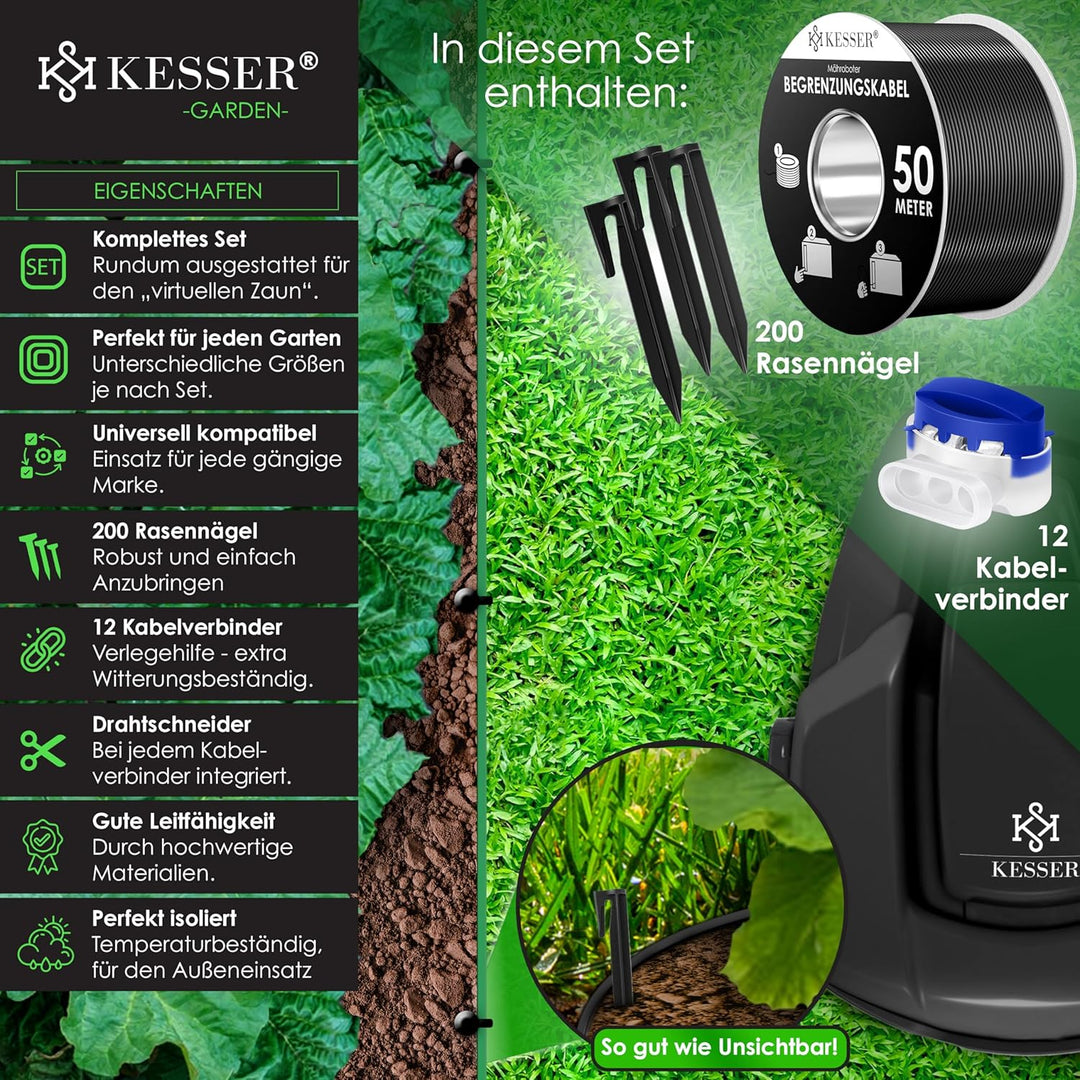 KESSER® Begrenzungskabel 50m + 200 Erdspiesse + 12 Kabelverbinder für Mähroboter Rasenmäher Rasenrob