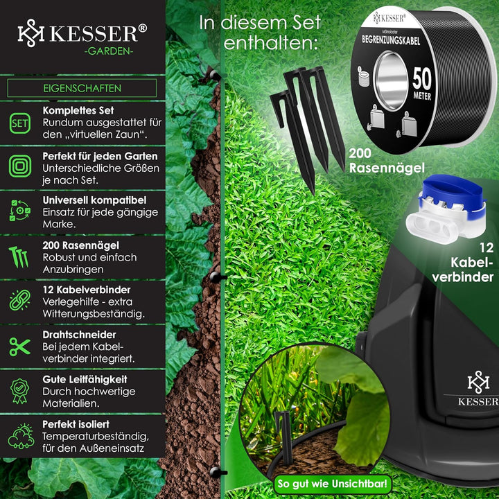 KESSER® Begrenzungskabel 50m + 200 Erdspiesse + 12 Kabelverbinder für Mähroboter Rasenmäher Rasenrob