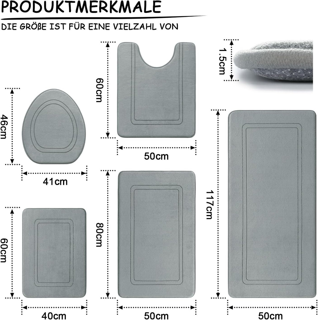 chakme Badezimmerteppich Set 5 Teilig, Weiche Memory-Schaum Badematte und U Förmige wc Vorleger, Bad