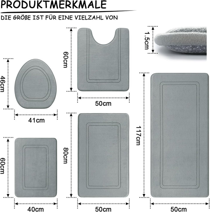 chakme Badezimmerteppich Set 5 Teilig, Weiche Memory-Schaum Badematte und U Förmige wc Vorleger, Bad