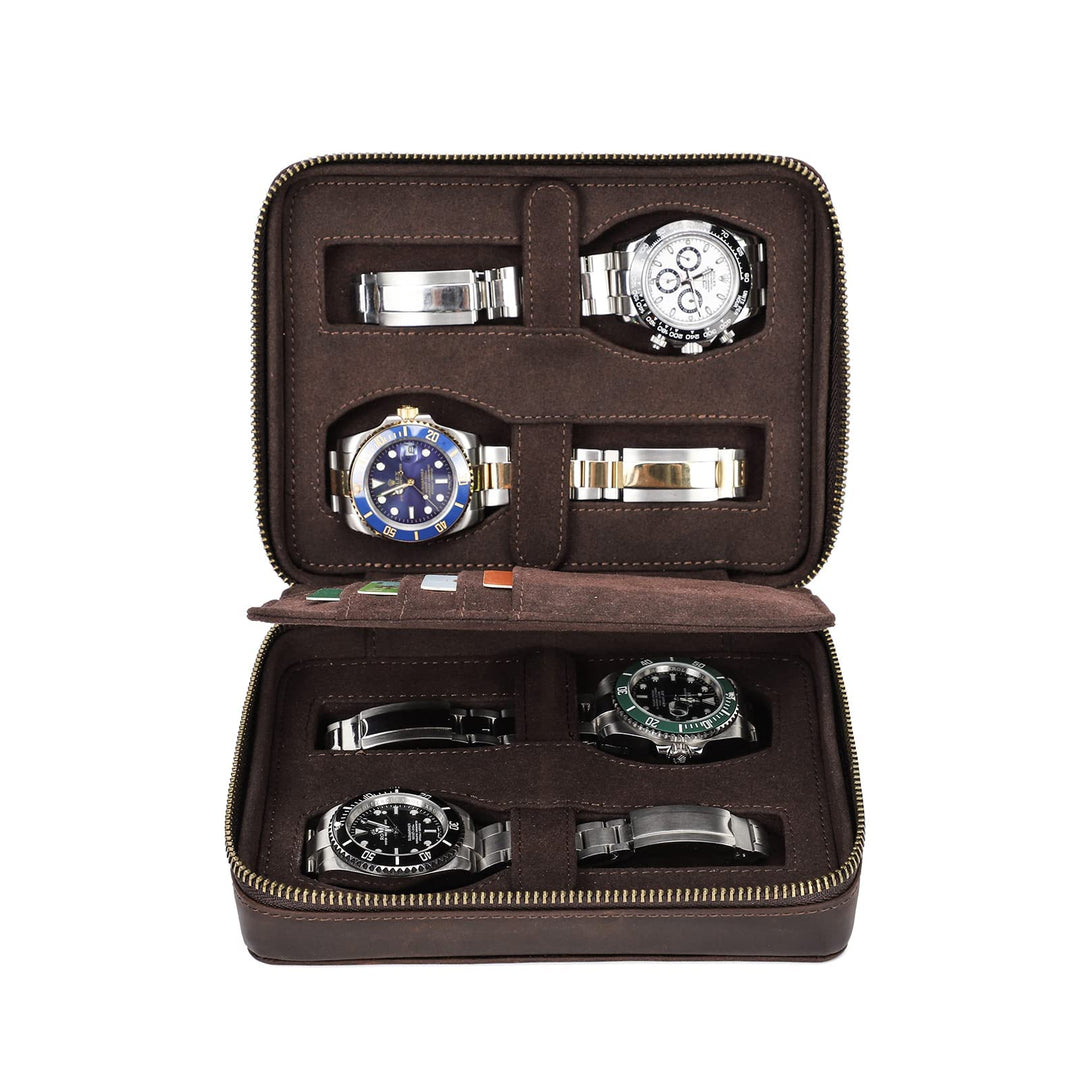 Hiram Multifunktionales Uhrenetui für 4 Uhren, tragbar, echtes Leder, Uhren-Organizer-Box für Damen