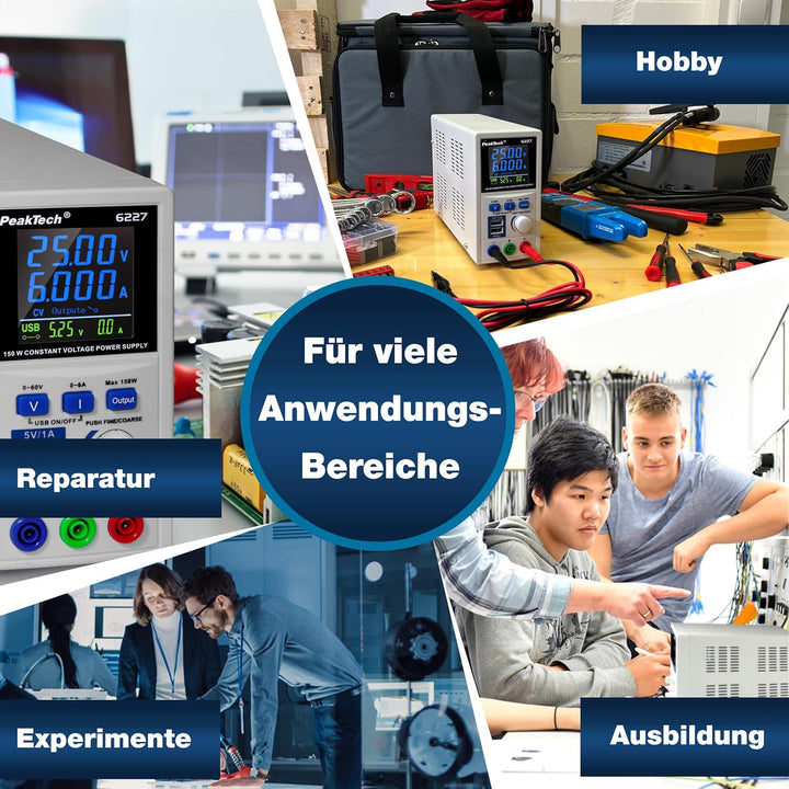 PeakTech P 6227 – DC Labor Netzteil 0-60 V / 0-6 A mit farbiger LCD Anzeige, Labor Netzgerät inkl. 2