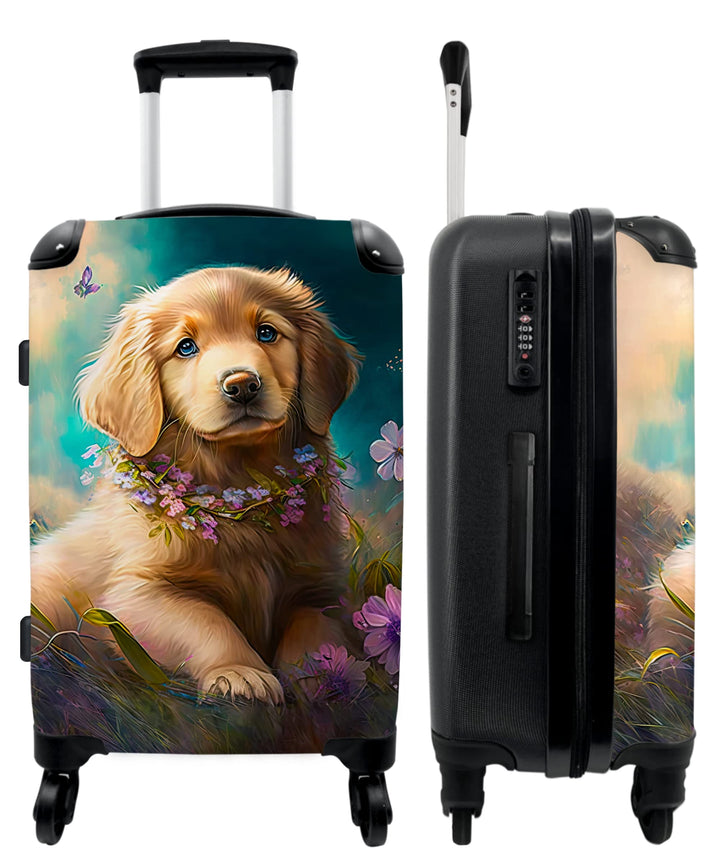 Koffer gross Trolley Rollkoffer Reisekoffer mit 4 Rollen Fotokoffer - Welpe - Blumenkranz - Schmette