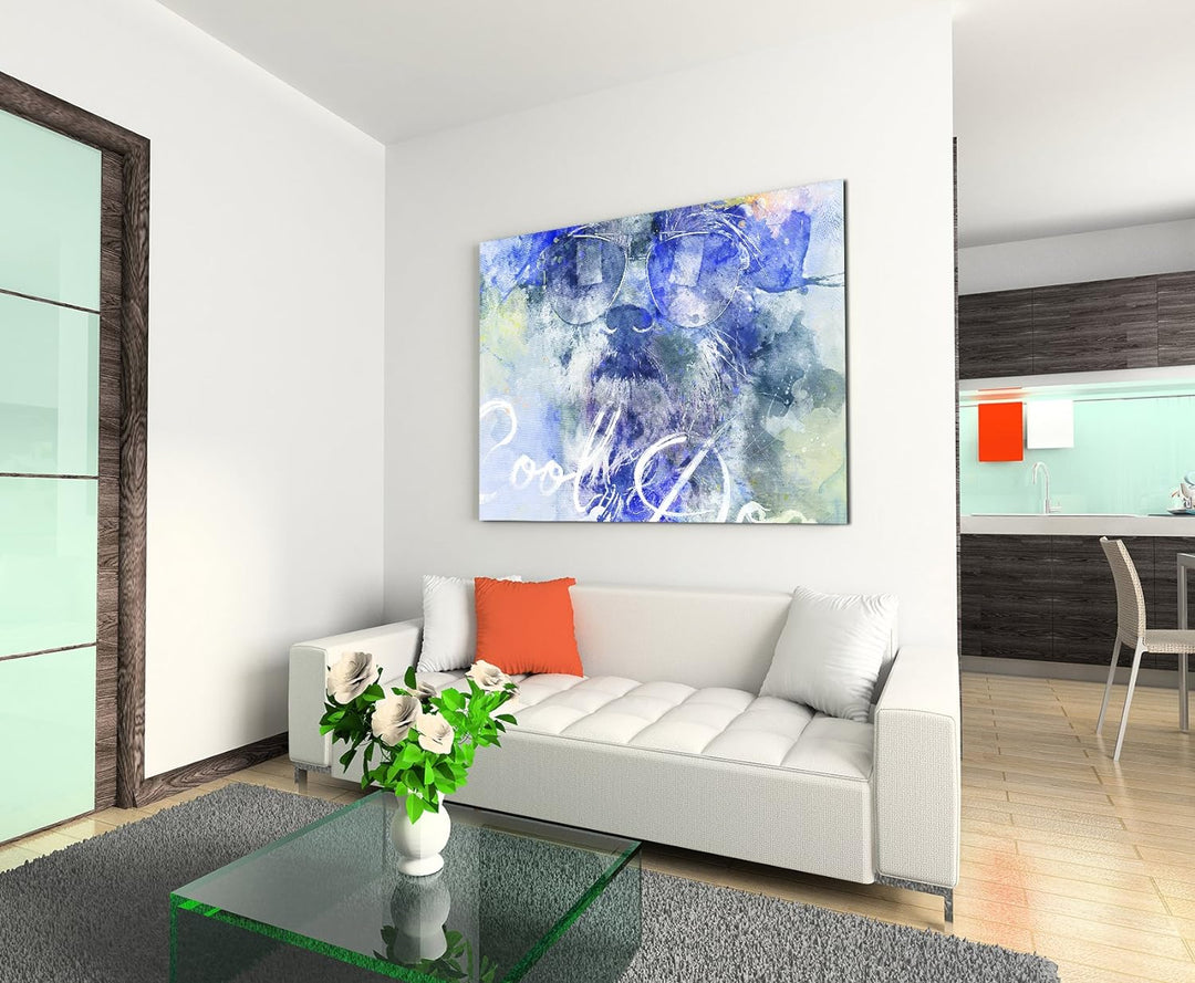 Paul Sinus Art Bild Leinwand 120x80cm Witziger Hund mit Sonnenbrille in Blautönen mit Kalligraphie,