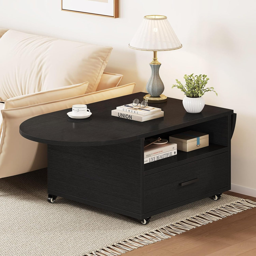 IBF Klappbarer Couchtisch mit Stauraum Holz Oval Wohnzimmer Tisch mit Schublade Modern Ausziehbarer