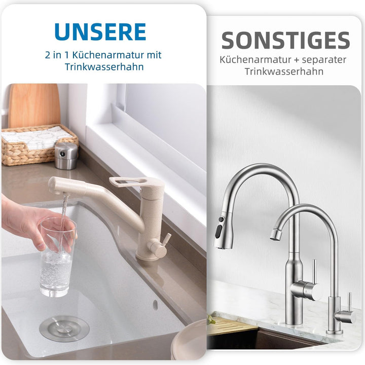 Zeffrary 3-Wege-Küchenarmatur, 360° drehbarer Küchenarmatur, Spültischarmatur mit flexiblem Auslauf,