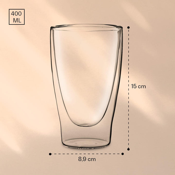 DUOS® Latte Macchiato Gläser 4x 400ml + 4x Löffel, Cappuccino Tassen, Eiskaffee Doppelwandige Kaffee